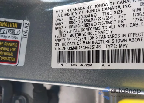 2012 Honda Cr-V Ex-L z USA, uszkodzony, nr VIN 2HKRM4H75CH625148